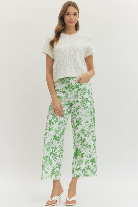 Floral Print Wide Leg Pants - Green