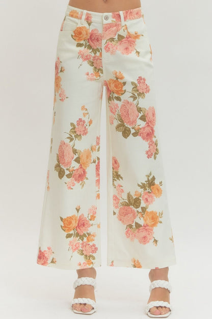 Floral Print Wide Leg Pants - Ecru