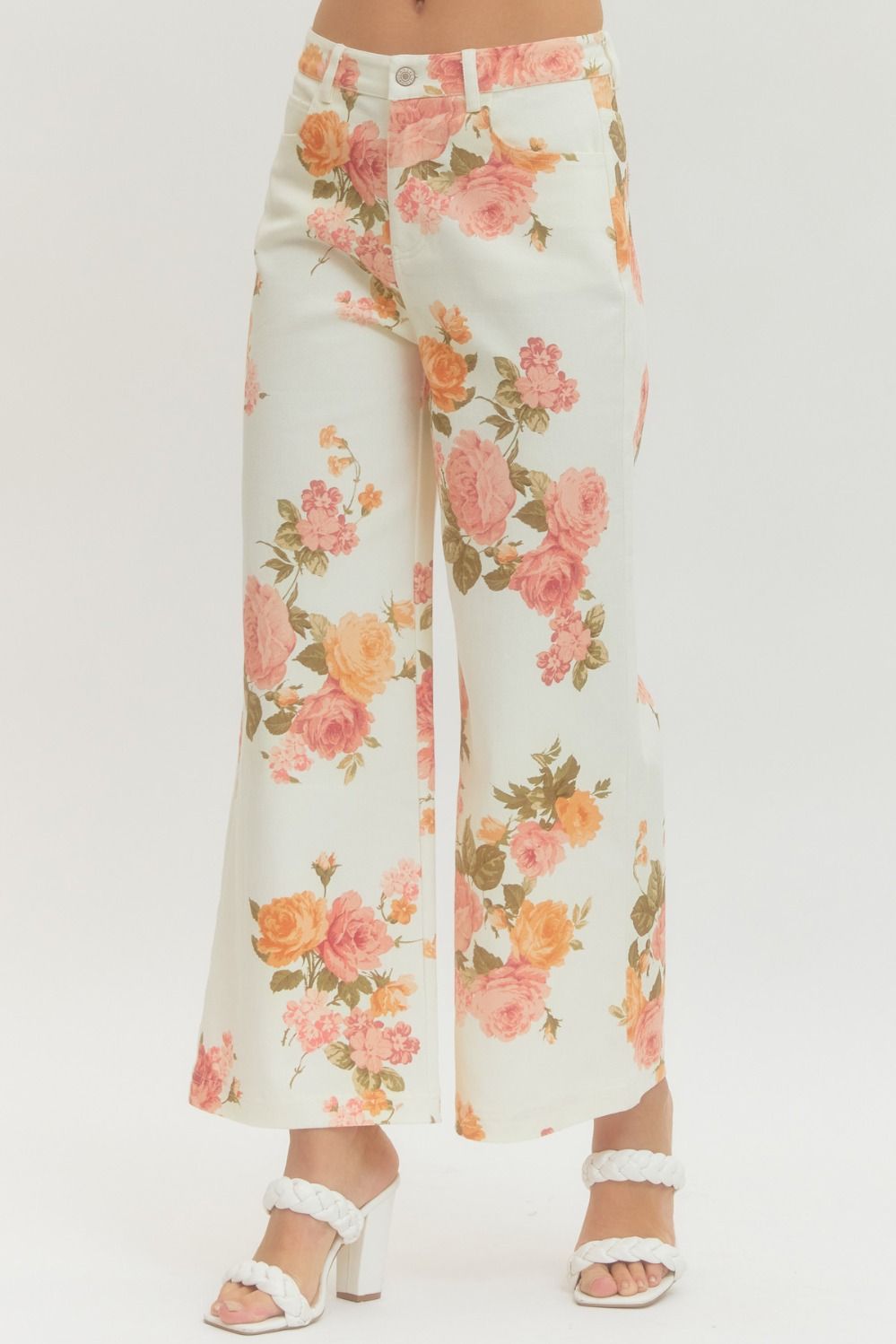 Floral Print Wide Leg Pants - Ecru