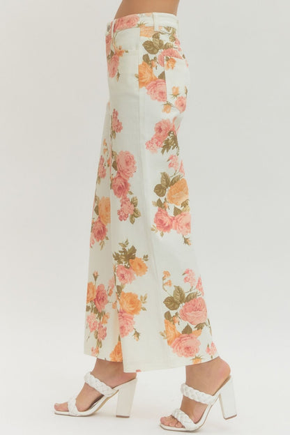 Floral Print Wide Leg Pants - Ecru