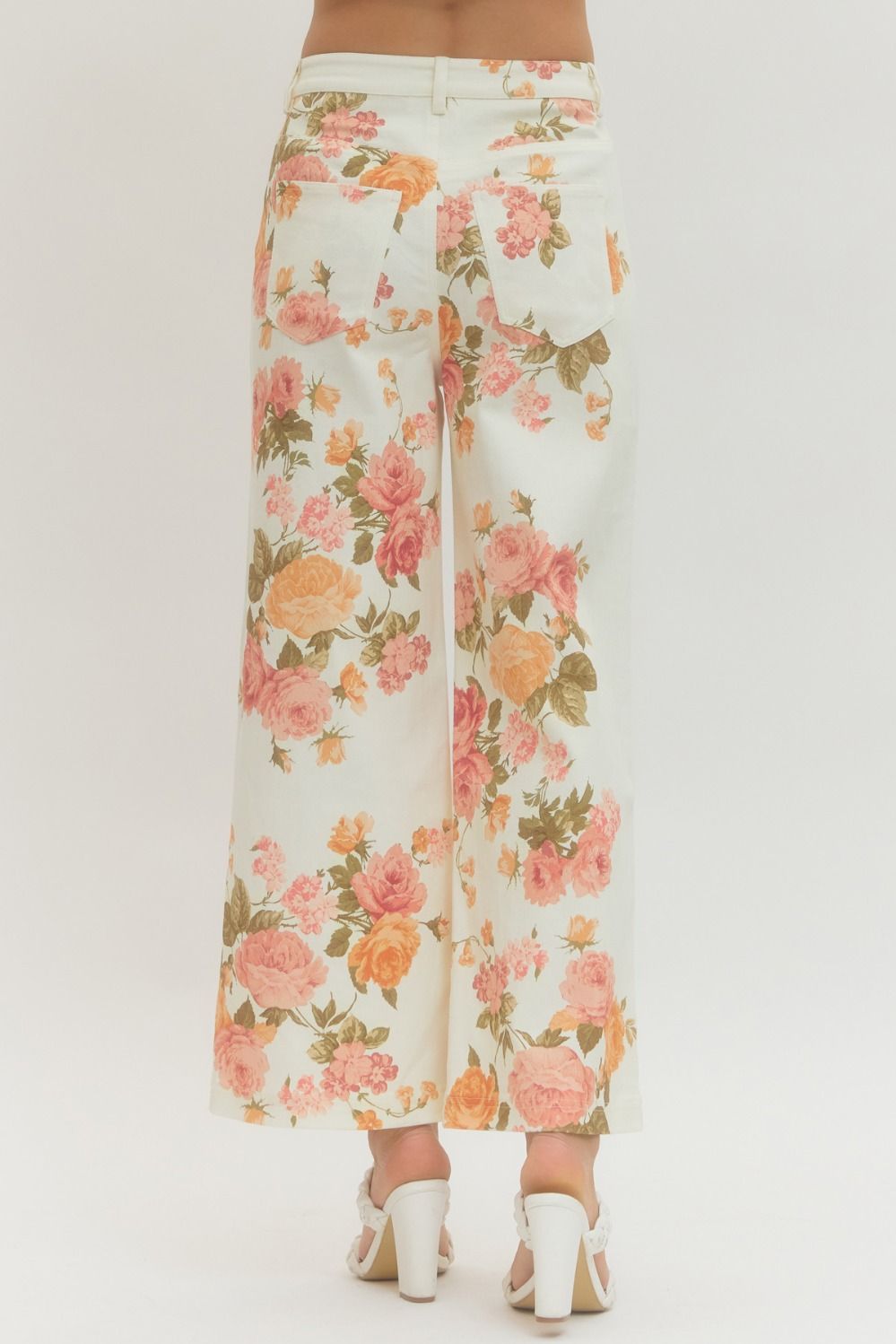 Floral Print Wide Leg Pants - Ecru