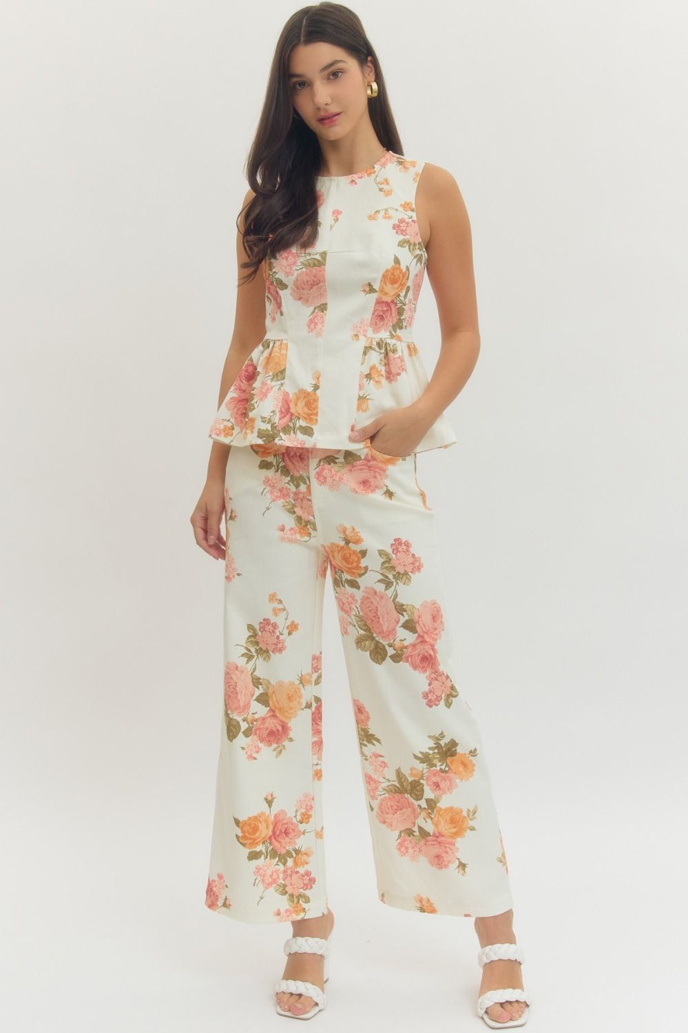 Floral Print Wide Leg Pants - Ecru