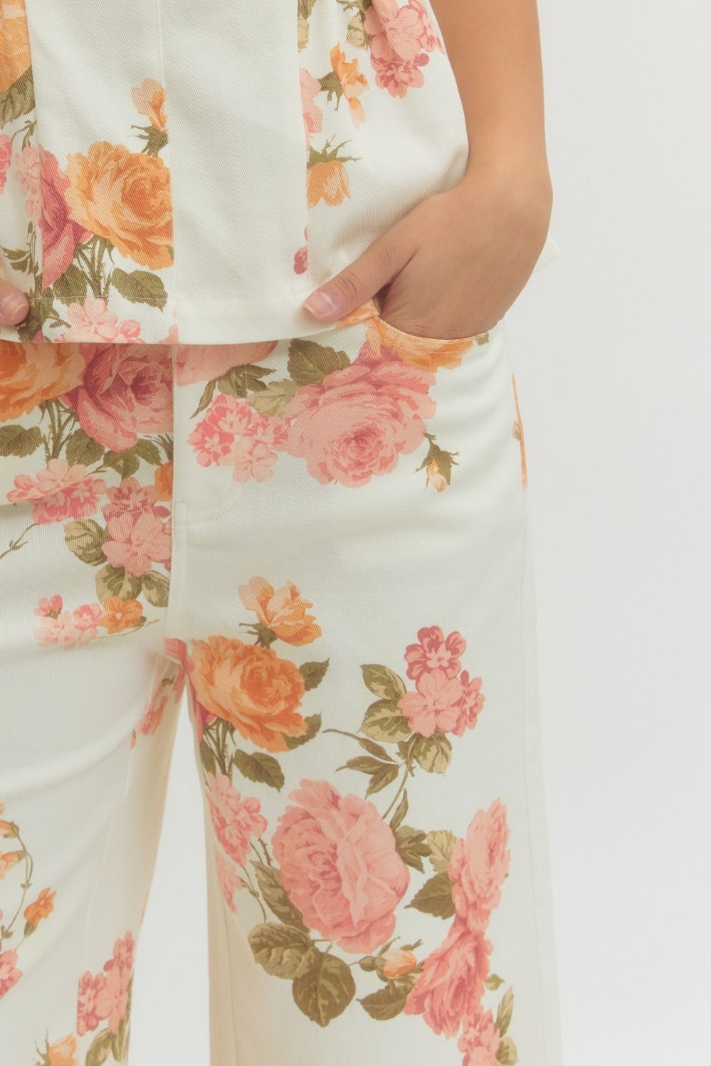 Floral Print Wide Leg Pants - Ecru