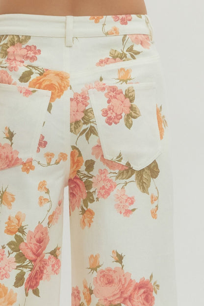 Floral Print Wide Leg Pants - Ecru