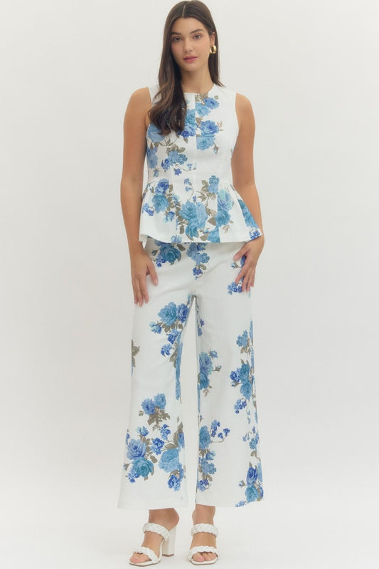 Floral Print Wide Leg Pants - Off White
