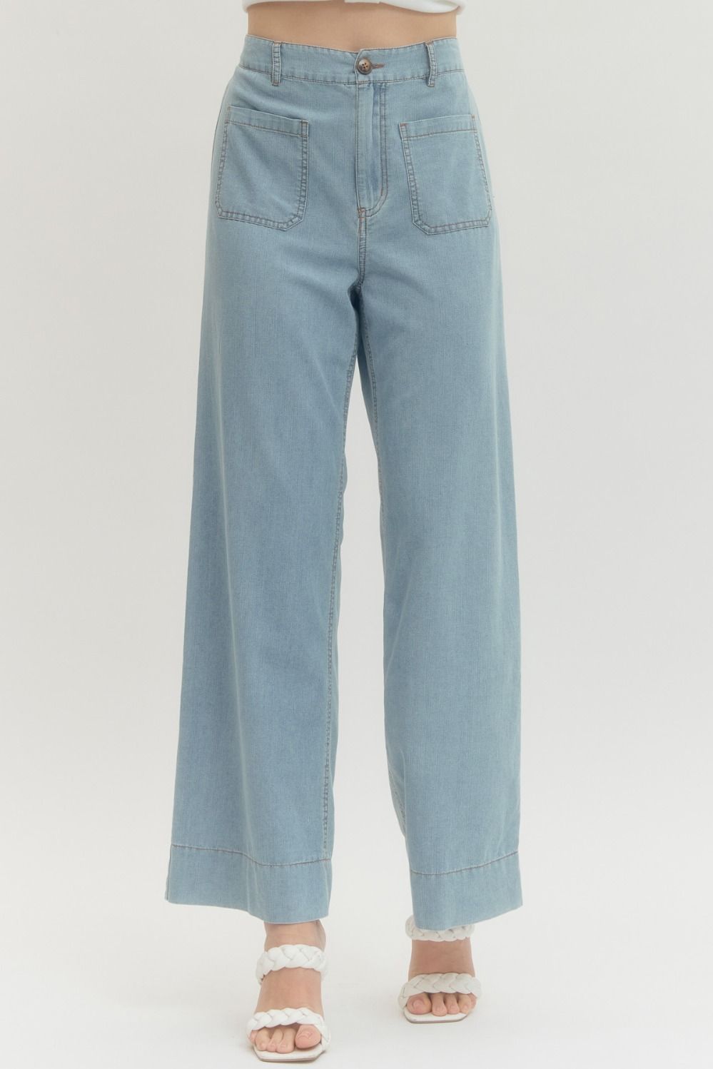 Front Patch Pockets Wide Leg Pants - Denim