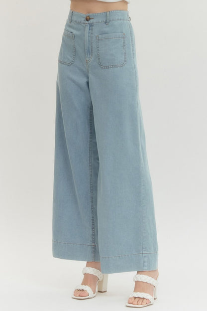 Front Patch Pockets Wide Leg Pants - Denim