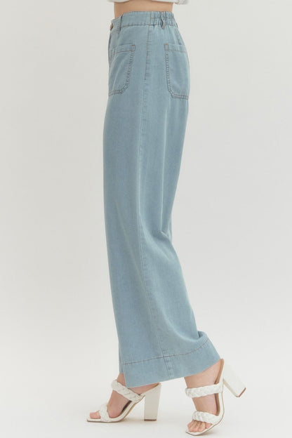 Front Patch Pockets Wide Leg Pants - Denim