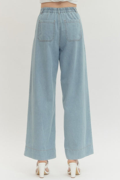 Front Patch Pockets Wide Leg Pants - Denim