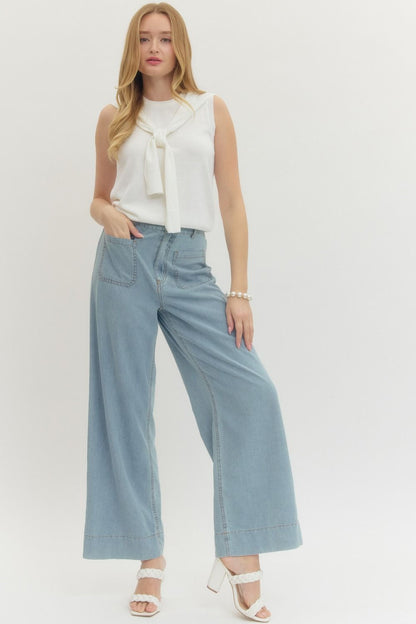Front Patch Pockets Wide Leg Pants - Denim