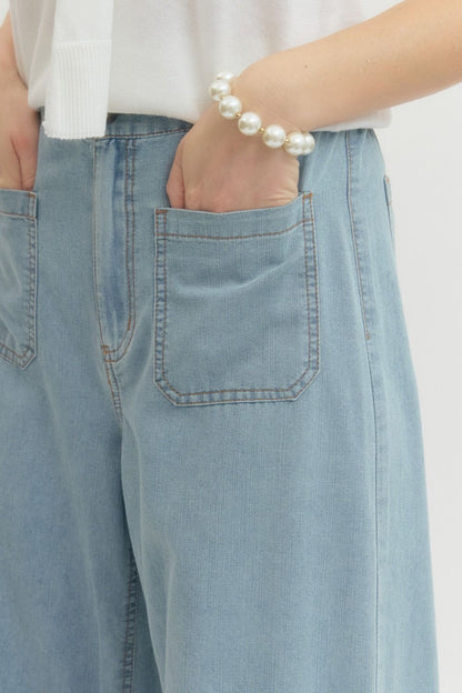 Front Patch Pockets Wide Leg Pants - Denim