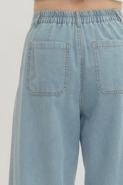 Front Patch Pockets Wide Leg Pants - Denim