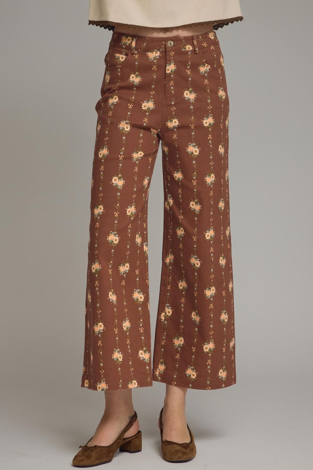Floral Motif Wide Leg Pants - Brown