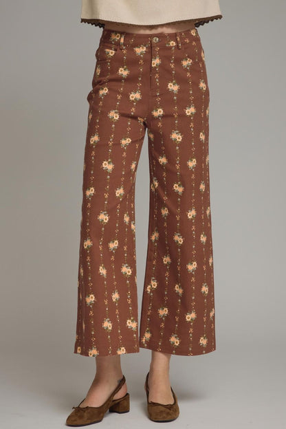 Floral Motif Wide Leg Pants - Brown
