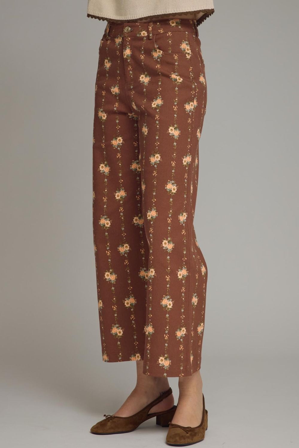 Floral Motif Wide Leg Pants - Brown