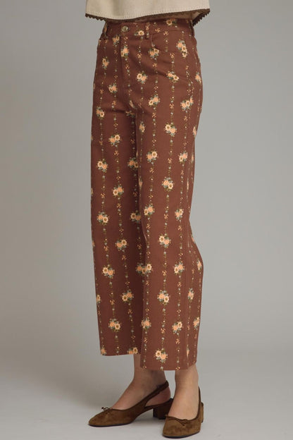 Floral Motif Wide Leg Pants - Brown
