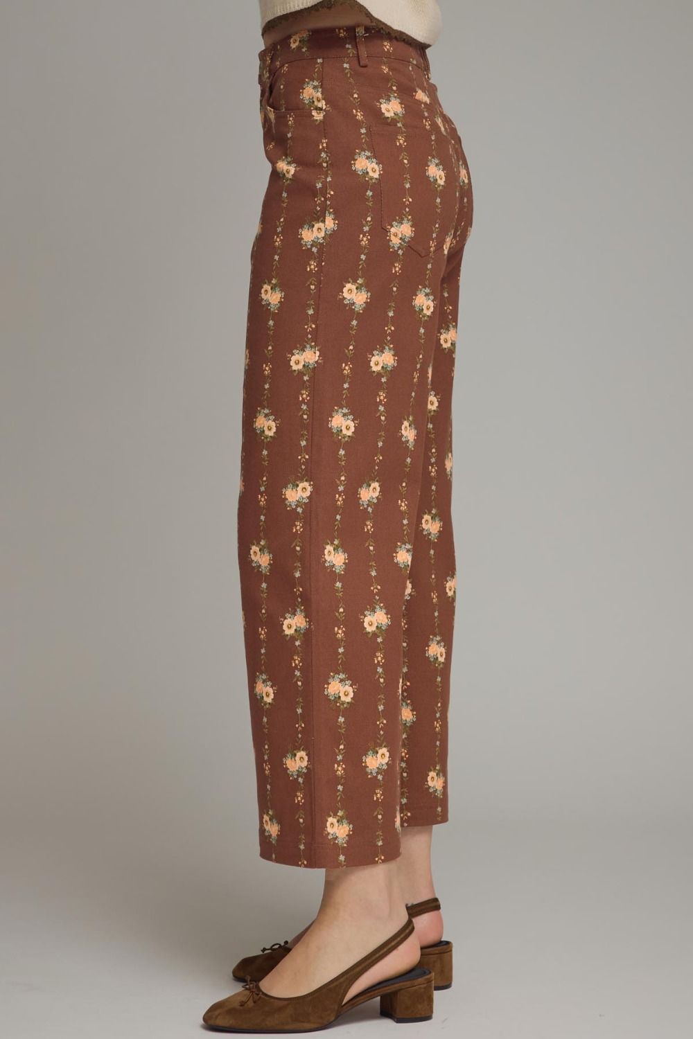 Floral Motif Wide Leg Pants - Brown