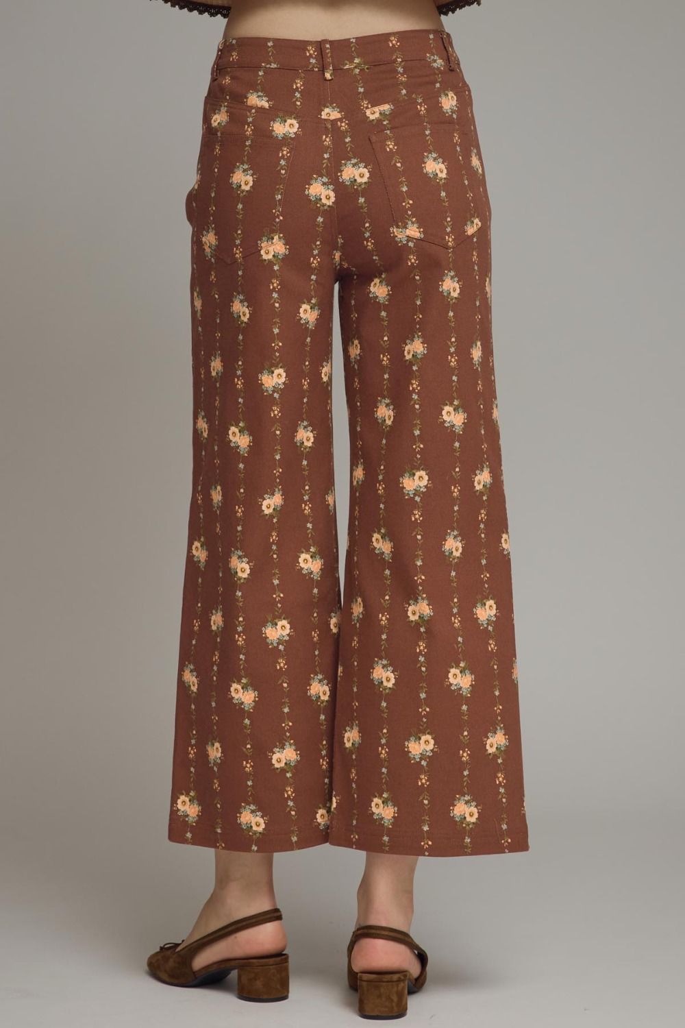 Floral Motif Wide Leg Pants - Brown