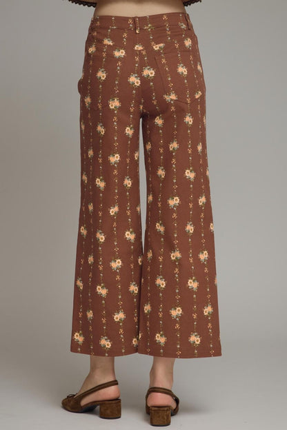 Floral Motif Wide Leg Pants - Brown