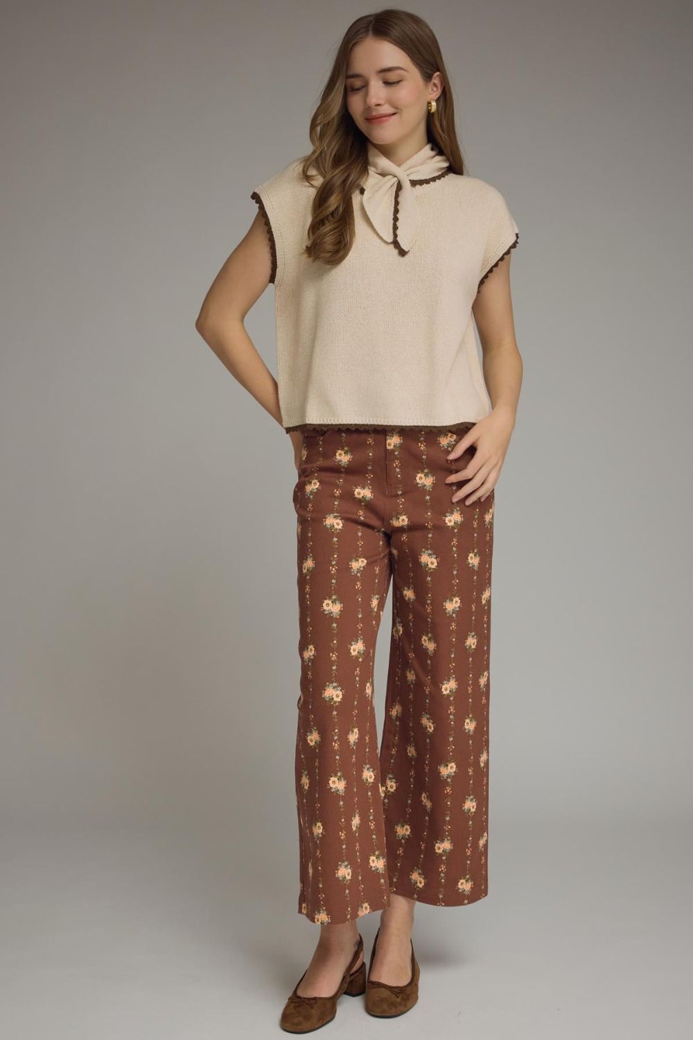 Floral Motif Wide Leg Pants - Brown