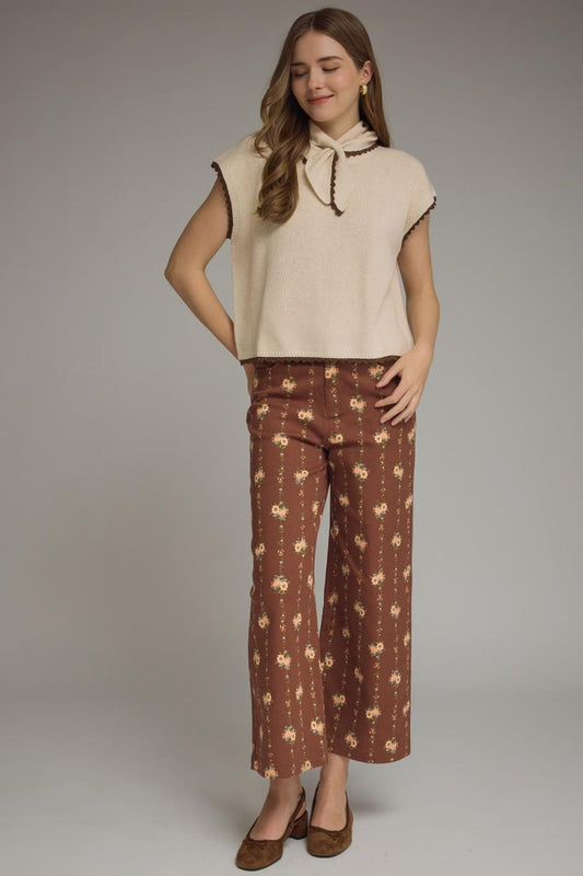 Floral Motif Wide Leg Pants - Brown