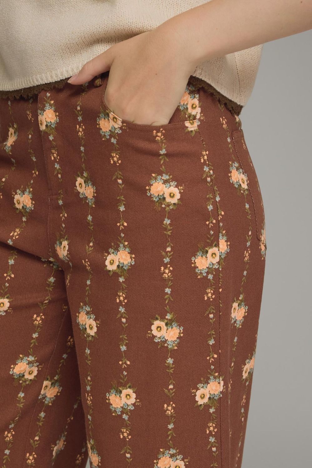 Floral Motif Wide Leg Pants - Brown