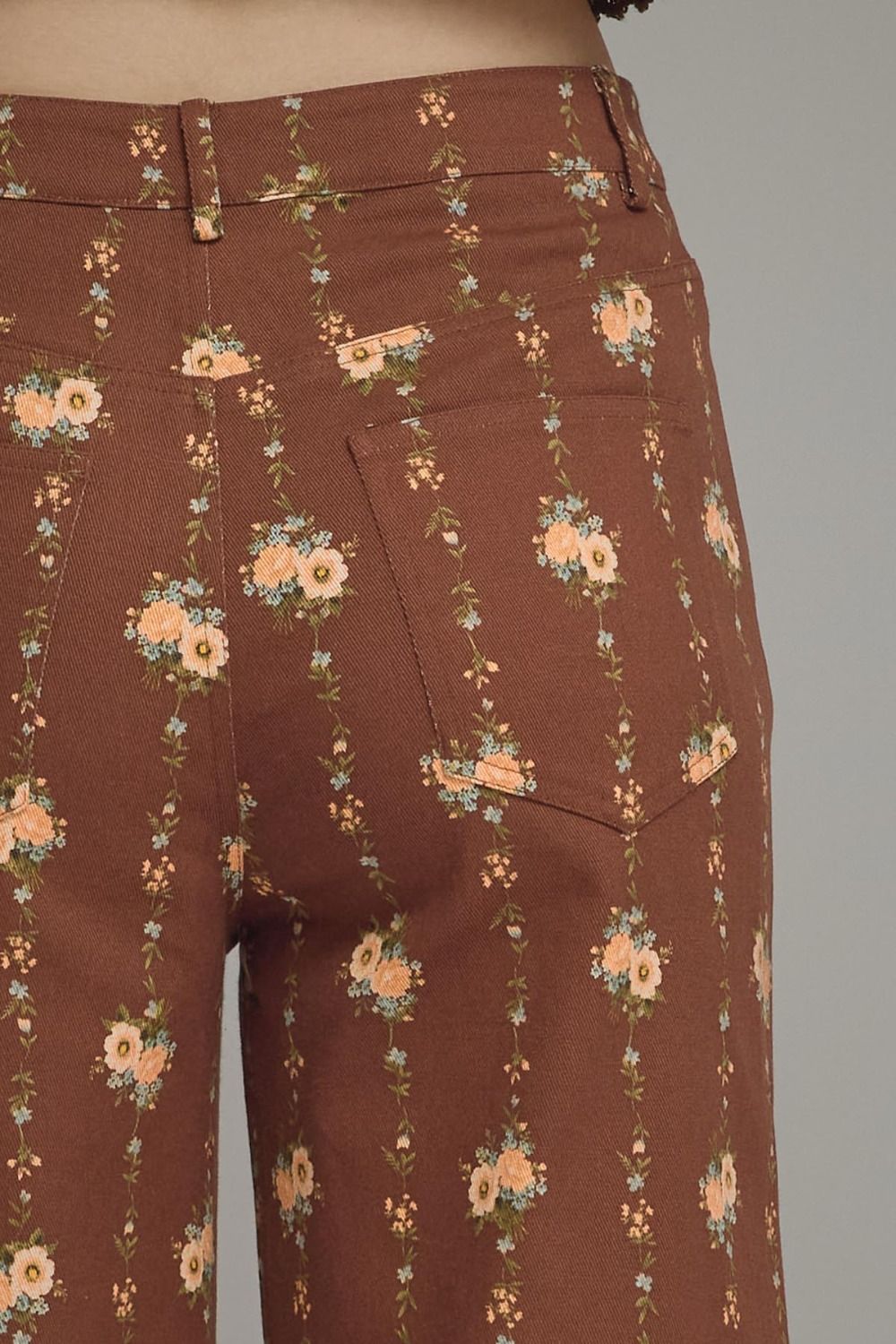 Floral Motif Wide Leg Pants - Brown