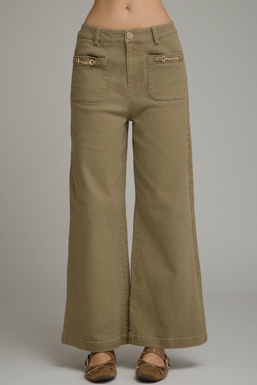 Wide Leg Pants with Gold Hardware Detail - Olive