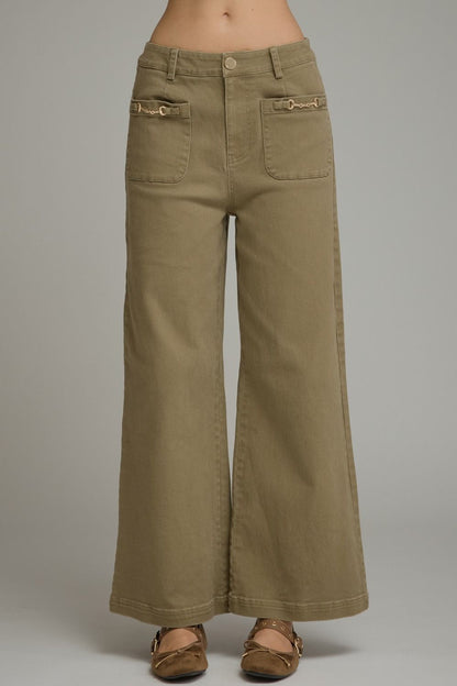 Wide Leg Pants with Gold Hardware Detail - Olive