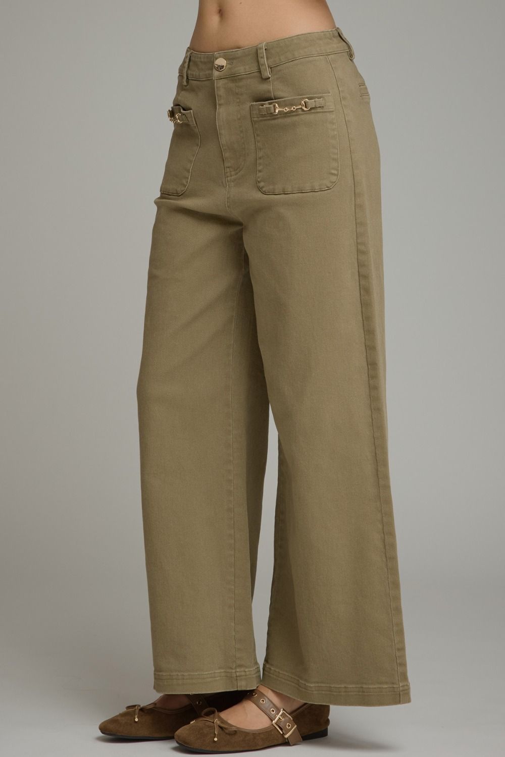 Wide Leg Pants with Gold Hardware Detail - Olive