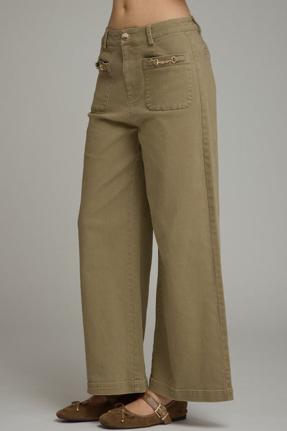 Wide Leg Pants with Gold Hardware Detail - Olive