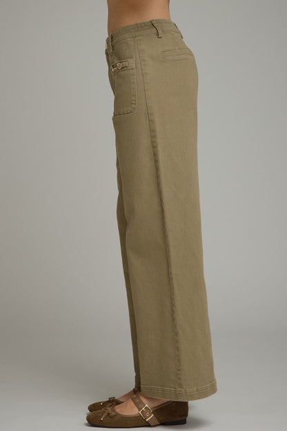 Wide Leg Pants with Gold Hardware Detail - Olive