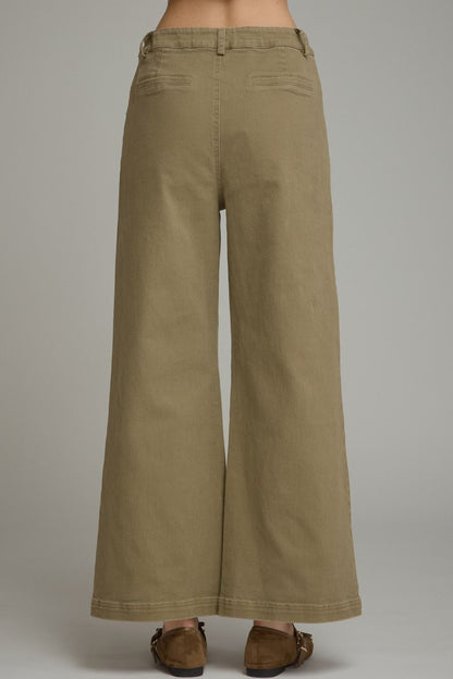 Wide Leg Pants with Gold Hardware Detail - Olive