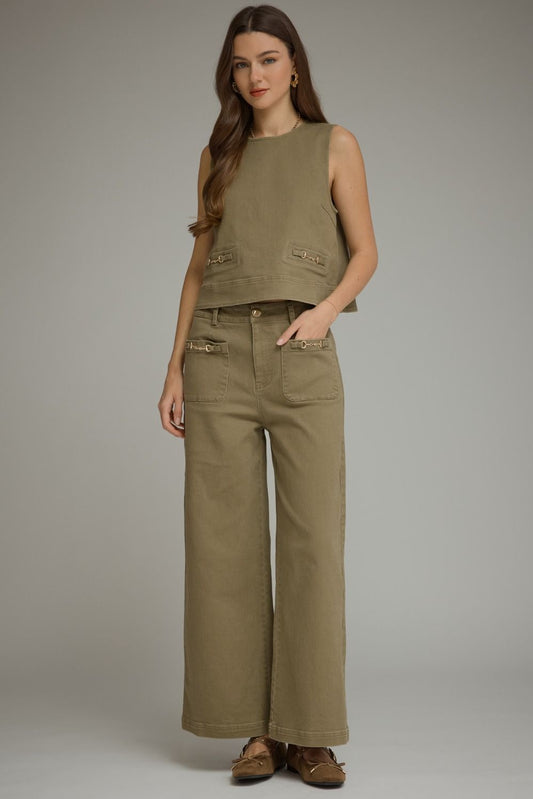 Wide Leg Pants with Gold Hardware Detail - Olive
