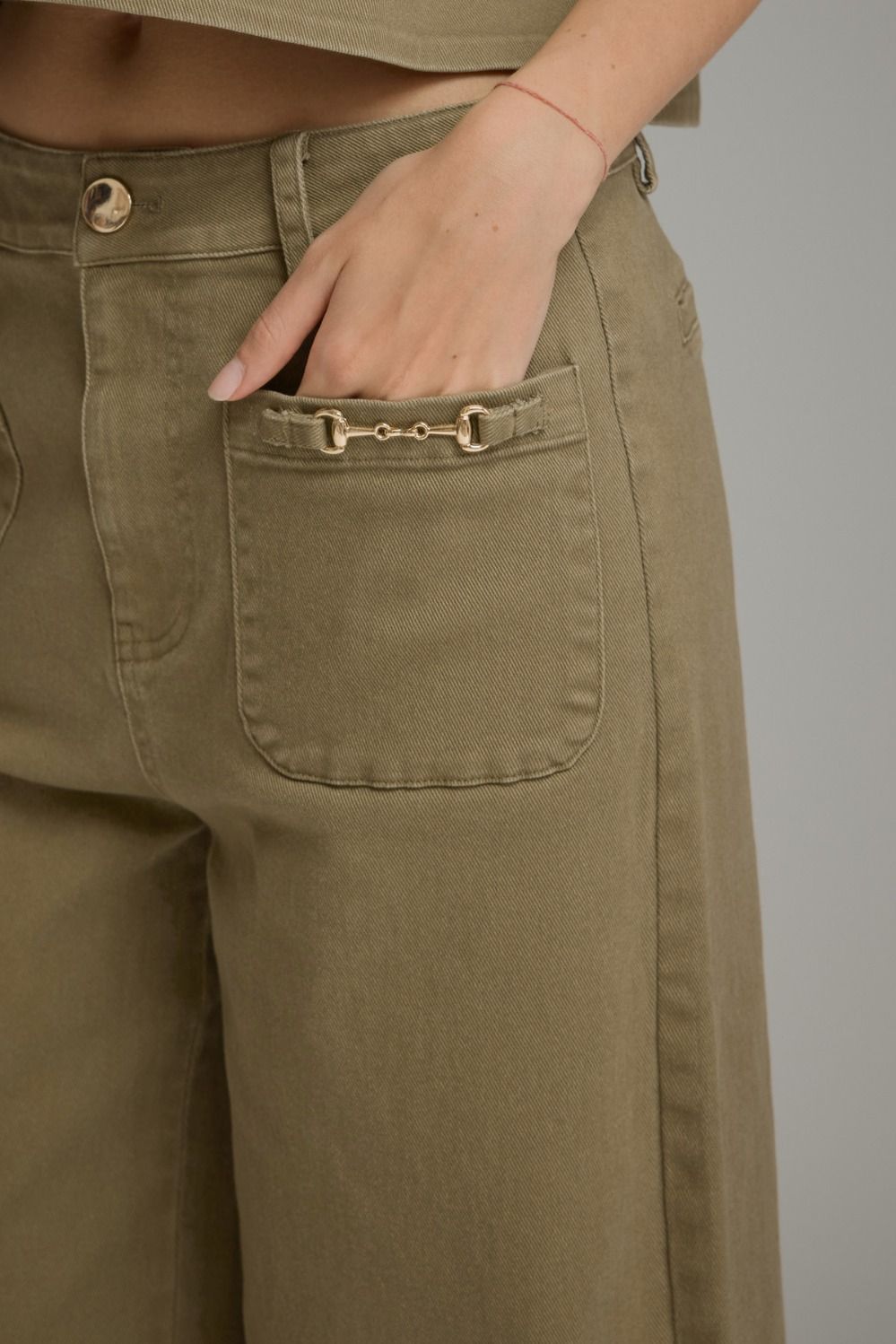 Wide Leg Pants with Gold Hardware Detail - Olive