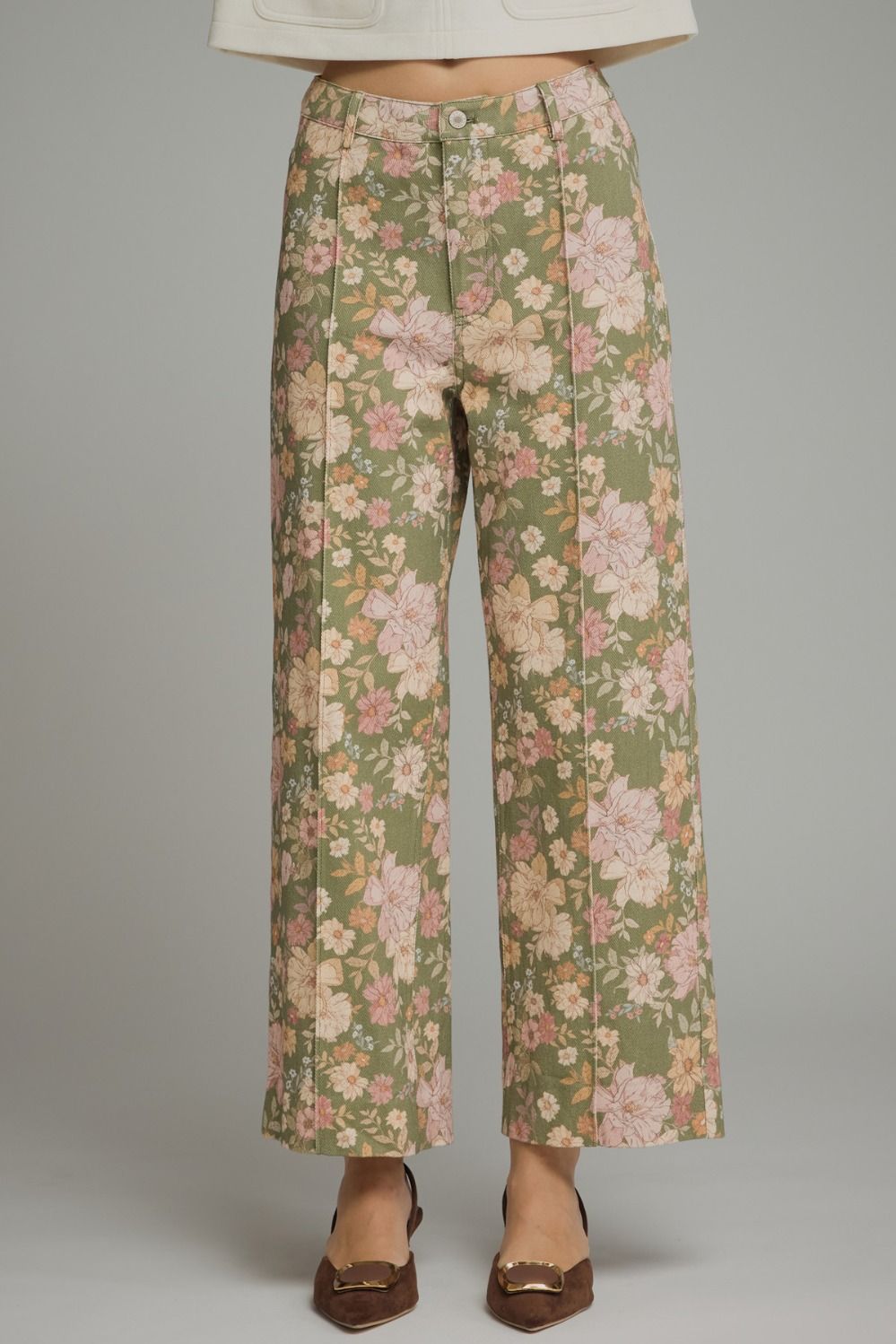 Floral Print Pants with Front Seam Detail - Olive