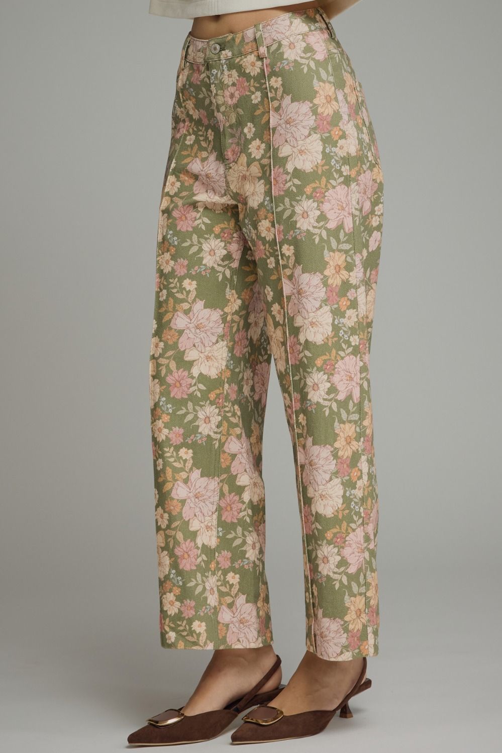 Floral Print Pants with Front Seam Detail - Olive