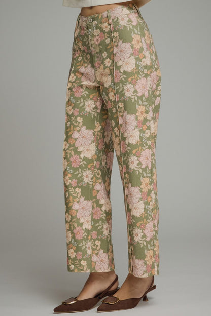 Floral Print Pants with Front Seam Detail - Olive