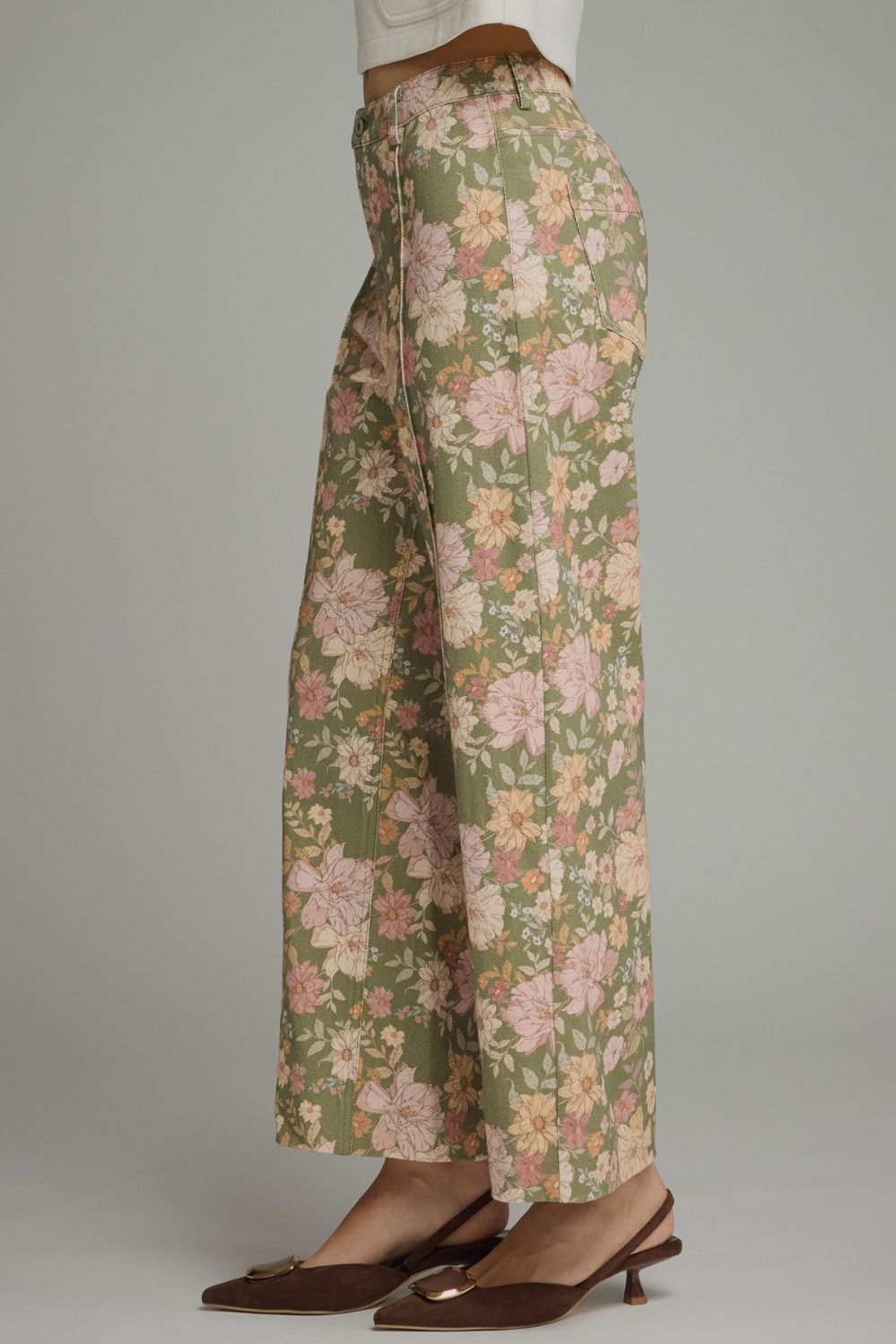 Floral Print Pants with Front Seam Detail - Olive