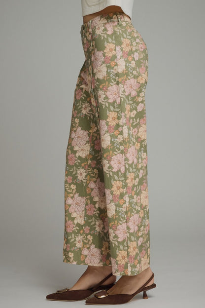 Floral Print Pants with Front Seam Detail - Olive