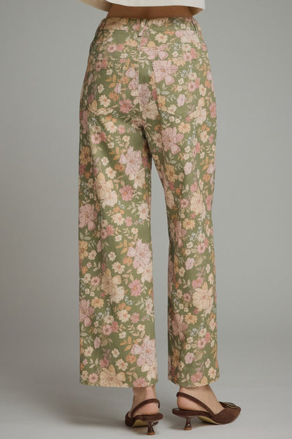 Floral Print Pants with Front Seam Detail - Olive