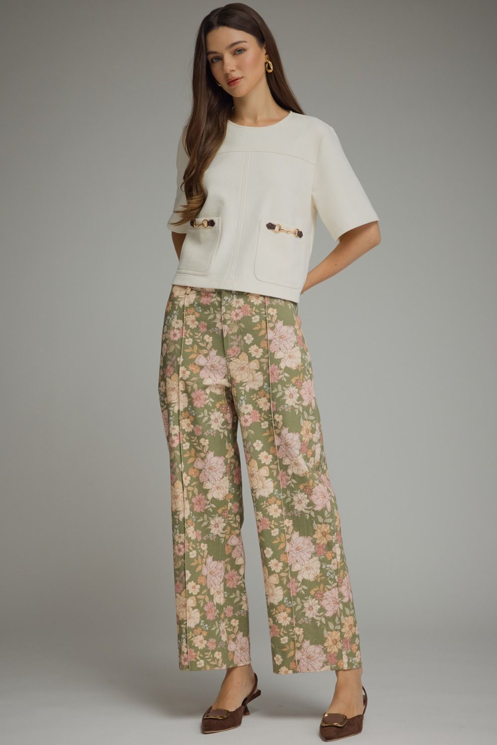 Floral Print Pants with Front Seam Detail - Olive