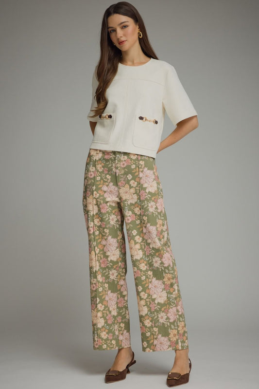 Floral Print Pants with Front Seam Detail - Olive