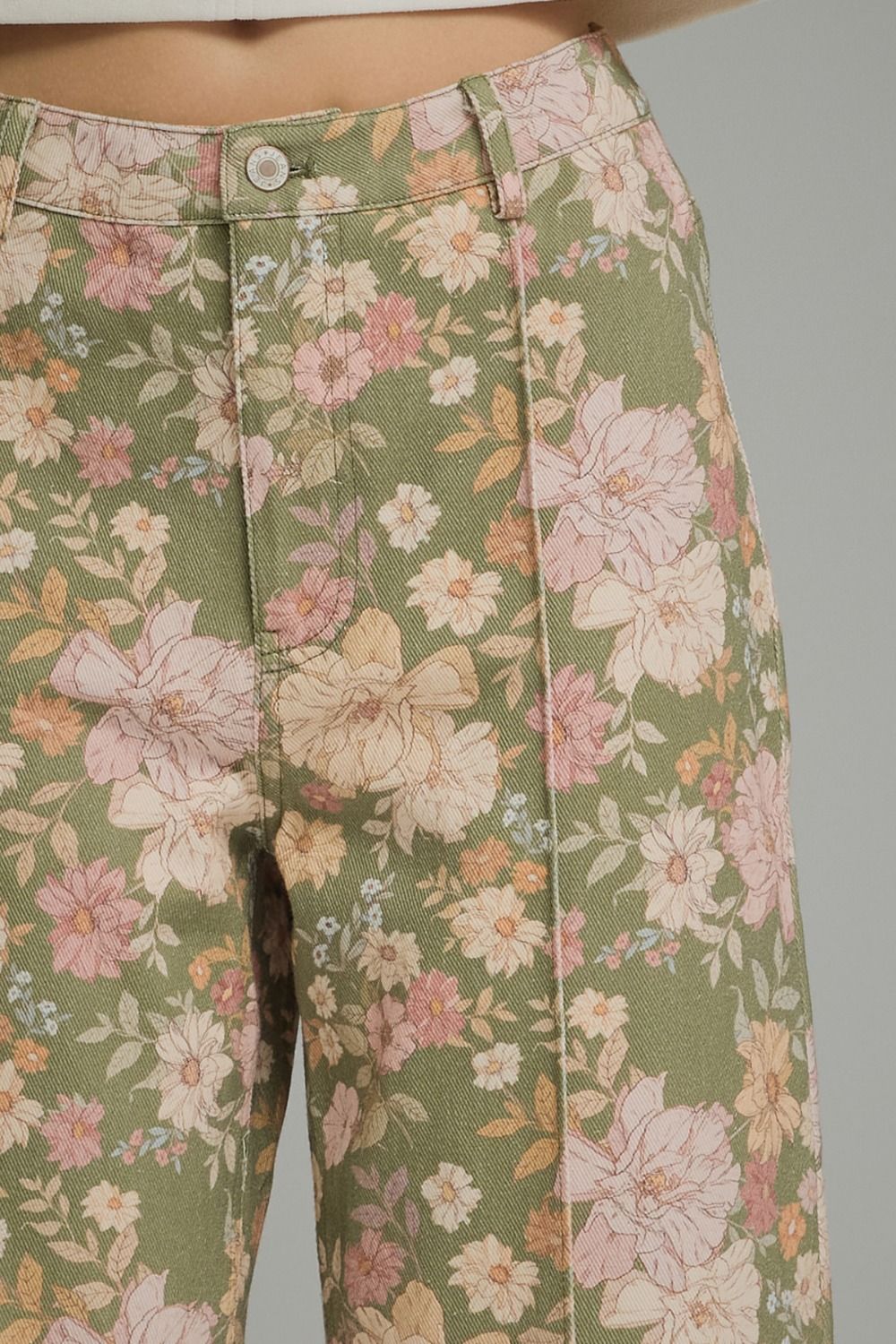 Floral Print Pants with Front Seam Detail - Olive