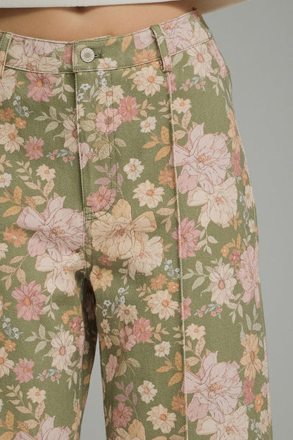 Floral Print Pants with Front Seam Detail - Olive