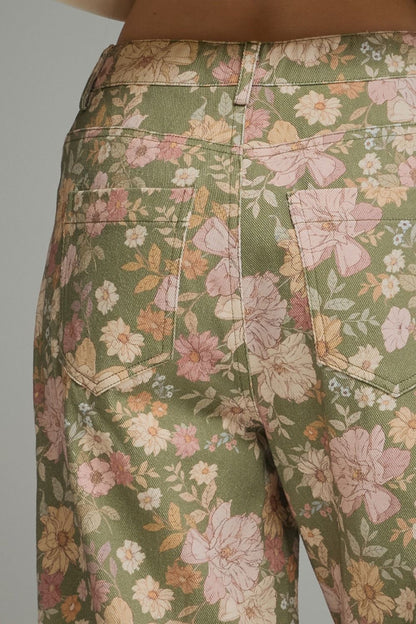 Floral Print Pants with Front Seam Detail - Olive