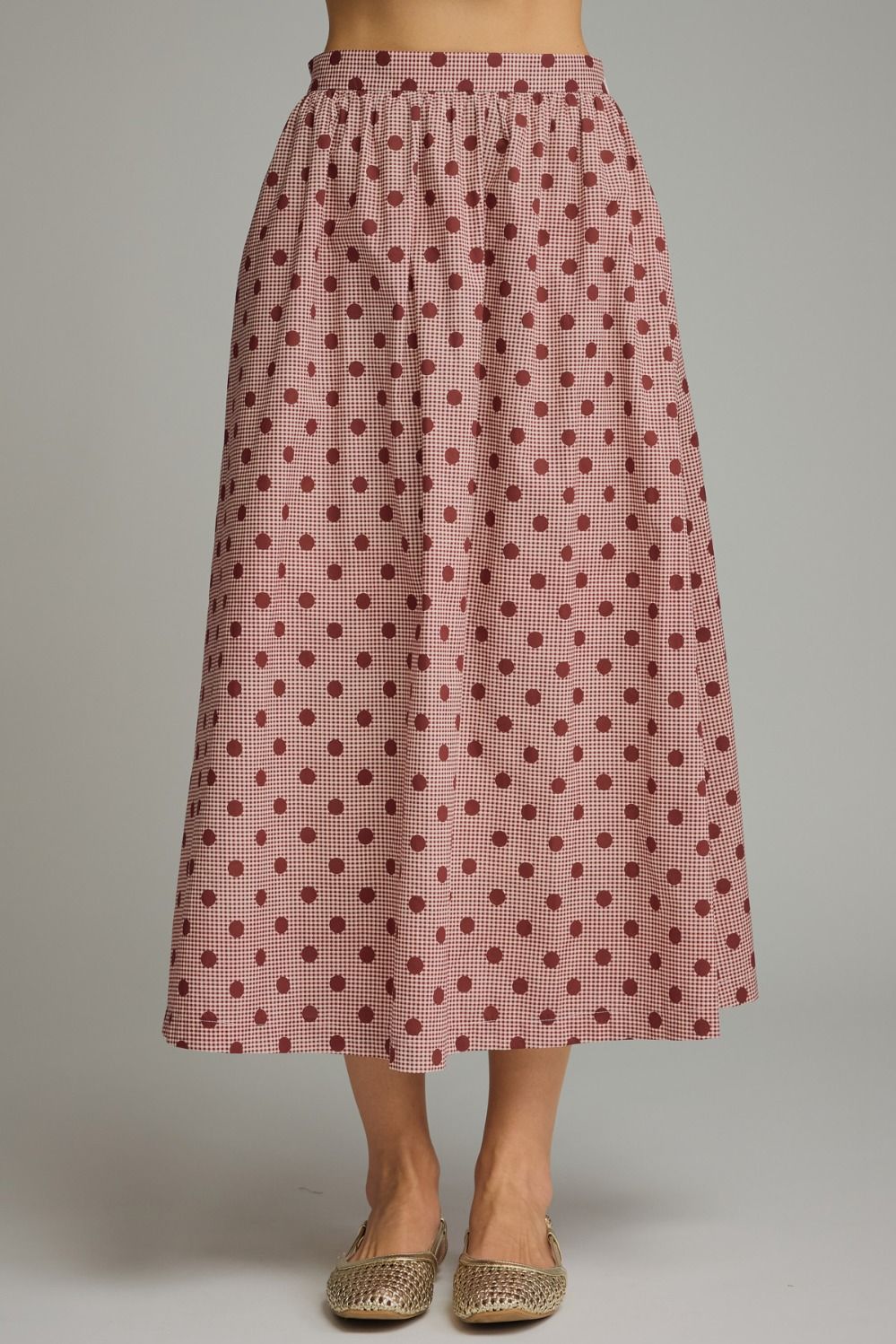 Gingham Polka Dot Midi Skirt - Burgundy