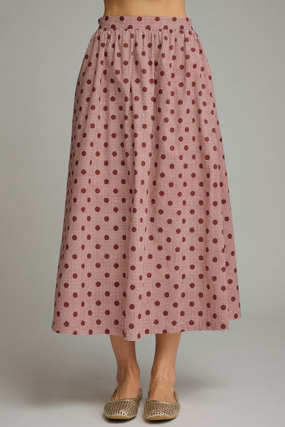 Gingham Polka Dot Midi Skirt - Burgundy