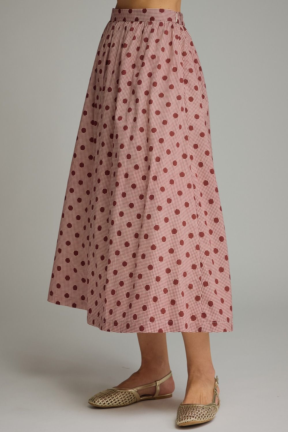 Gingham Polka Dot Midi Skirt - Burgundy