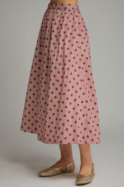 Gingham Polka Dot Midi Skirt - Burgundy